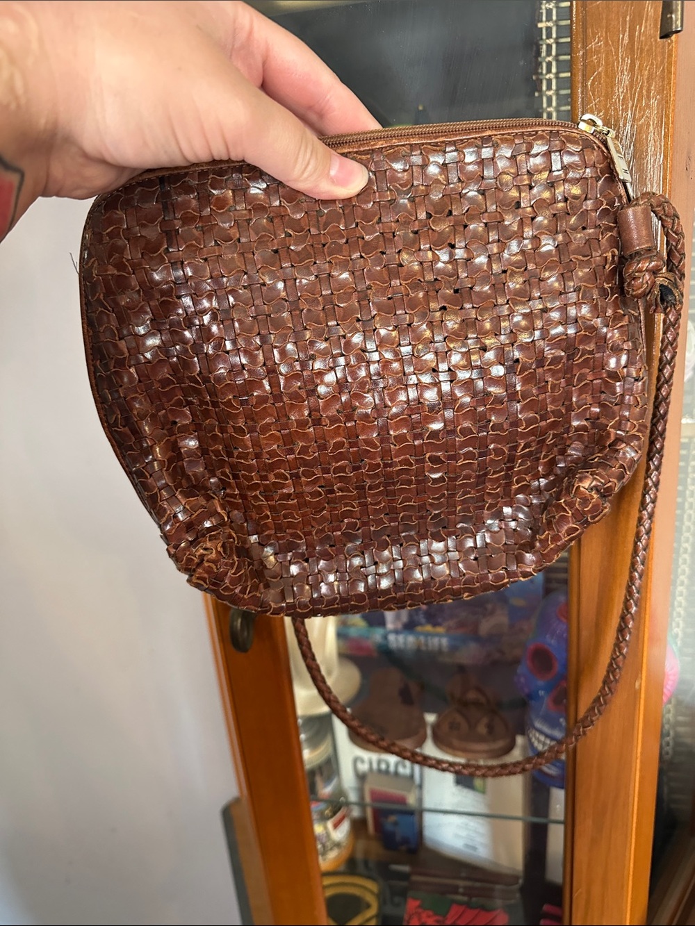 GEM Woven Leather Crossbody Bag - Brown